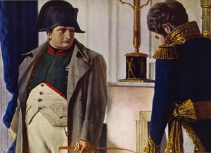 Napoleon Bonaparte og Jacques Lauriston (farvelitografi)