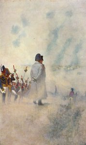 Napoloeon Bonaparte står blandt sine soldater foran Moskva (farvelitografi)