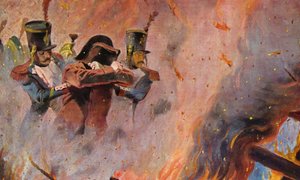 Soldater fører Napoleon Bonaparte gennem ilden i Moskva (farvelitografi)