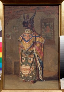 En Lama ved en buddhistisk fest i Rumtek-klosteret i Sikkim (Indien) (Lama ved en buddhistisk fest i Rumtek-klosteret i Sikkim) - Maleri af Vasili Vasilyevich Vereshchagin (Vassili Vereshchagin) (1842-1904), olie på lærred af Vasili Vasilievich Vereshchagin