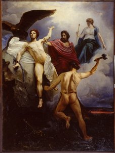 Vulcan chaining Prometheus (Vulcanus Chaining Prometheus). Maleri af Vasily Yevmenievich Savinsky (1859-1937), olie på lærred 1881. Museum of Fine Arts Academy, Sankt Petersborg. af Vasili Yevmenievich Savinsky