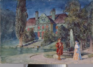 Forberedende indretning, en have foran et hus, til operaen ""Boris Godounov"" af Modeste Moussorgsky (1839-1881) - Scenografi til operaen Boris Godunov af Modeste Musorgsky - Værk af Vasili Dmitrievich Polenov (1844-1927) , akvarel og gouache på af Vasilij Dmitrievich Polenov