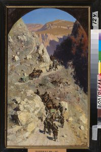 Artilleri i Kaukasusbjergene. (Episod af det russiske imperiums erobring af Nordkaukasus, felttog 1853-1856). Maleri af Vasili Dmitrievich Polenov (1844-1927), olie på lærred af Vasilij Dmitrievich Polenov