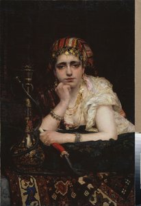 En odalisk. (Portræt af en haremskvinde, med et melankolsk blik, der holder en vandpibe). Maleri af Vasili Dmitrievich Polenov (1844-1927), olie på lærred. 1800-tallet russisk kunst, orientalisme. Den Hviderussiske Republiks nationale kunstmuseum, Minsk (B af Vasilij Dmitrievich Polenov