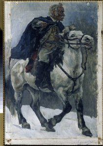 Alexander Suvorov (1729-1800) til hest. (Alexander Suvorov til hest). Den russiske helt beskrives, da han krydser Alperne, i spidsen for russiske tropper, under det italienske felttog (1799-1800). Maleri af Vasilli Ivanovich Surikov (Vasily Surik