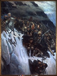 Italiensk felttog (1799-1800): Alexander Suvorovs (Suwarow eller Souwarow Rimniski eller Rimnitskoi) march (1729-1800) og russiske tropper gennem Alperne i 1799 - Marts af Suvorov gennem Alperne i 1799 - Maleri af Vasily Ivanovich Surikov