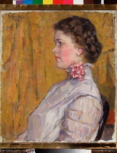 Portræt af en kvinde på en gul baggrund (Kvindeportræt på en gul baggrund) - Maleri af Vasilli Ivanovich Surikov (Vasily Surikov eller Vassili Surikow) (1848-1916), olie på lærred af Vasilij Ivanovic Surikov