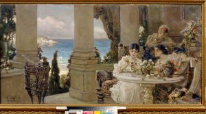 Sur la terrasse - Peinture de Vassili (Vasili, Vasilii, Wilhelm) Alexandrovich Kotarbinsky (Kotarbinski, Kotarbinskii) (1849-1921), huile sur toile - På terrassen, Olie på lærred af Vasilii Alexandrovich Kotarbinsky - Regionalt kunstmuseum, Kirovohrad af Vasily Alexandrovich Kotarbinsky