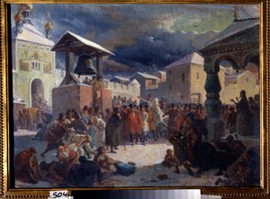 Veche (middelalderlige folkeforsamling af de slaviske lande) i republikken Novgorod (Veche i republikken Novgorod). Maleri af Vasili Grigorievich Khudyakov (1826-1871). Olie på lærred af Vasily Grigorievich Khudyakov