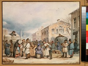 Hømarkedspladsen i Sankt Petersborg - Værk af Vasili Ivanovich Shternberg (1818-1845), akvarel på papir af Vasily Ivanovich Sternberg