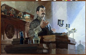 Joseph Stalin (Stalin) (Joseph Vissarionovich Djougachvili dit) (1879-1953) omdefinerer den sovjetiske forfatning (Stalin-forfatningen) under Sovjets 8. ekstraordinære kongres den 5. december 1936. Vi ser Vyacheslav Molotov (1890-1986) på dr. af Vasily Semyonovich Svarog