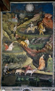 april: pløjning og såning af marker. Landbrugsscene med plov, harve og landbrugsredskaber på landet. Maleri af Månedens Mester eller Mester Wenceslas (Maestro dei Mesi eller Maestro Wenceslao på italiensk, begyndelsen af det 15. århundrede) r