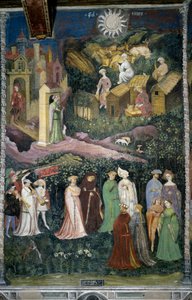 Juni måned: dans af damer og ryttere. Nederst behandler køer og ostefremstilling med mælk. Folk fyldt med mad kommer ud af slottet. Kardinal Bernardo Cles (1485-1539), sponsoren af maleriet, der blev lavet om af Fogolino, er repræsenteret i