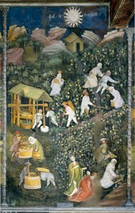 Oktober: høstscene, høst af druer og tilberedning af mout (vinpresning). Maleri af Månedens Mester eller Mester Wenceslas (Maestro dei Mesi eller Maestro Wenceslao på italiensk, begyndelsen af det 15. århundrede) restaureret af Marcello Fogolino ca.