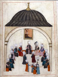 Administration under Det Osmanniske Rige: en høring ledet af Storvesiren. Miniature fra "" Turkish Memorials"" (codex Cicogna 1971 "Memorie Turchesche") Akvarel fra det 17. århundredes venetianske skole. af Venetian School