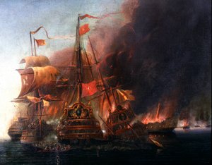 Kamp mellem de osmanniske flåder og de venetianske flåder ud for Famagusta under belejringen af Cypern i 1570 Maleri af den venetianske skole i det 16. århundrede. Istanbul, Søfartsmuseet