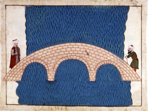 Konstantinopel. Galata-broen. Miniature fra "" Turkish Memorials"" (codex Cicogna 1971 "Memorie Turchesche") Akvarel fra det 17. århundredes venetianske skole. af Venetian School