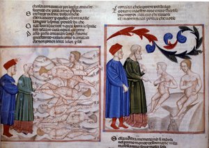 Dante og Vergil i samtale med Grifolino fra Arezzo og Capocchio fra Siena. 14. århundrede (miniature) af Venetian School