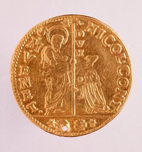 Guldmønt (zecchino eller pailletter) fra Venedig: doge Nicolo Contarinis regeringstid (1630-1631). Diameter 3,4 cm Rom, national term museum