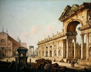 Billedkunst Udsigt med triumfbue (olie på lærred) af Venetian School