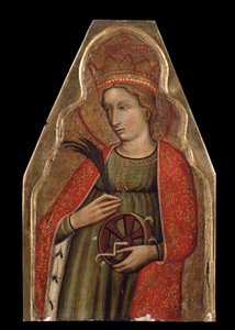 Den hellige Katarina af Alexandria (Saint Katarina). Maleri af en venetiansk mester. Tempera på træ, 26 x 16,5 cm, anden halvdel af 1300-tallet. Venetiansk kunst, italiensk gotisk kunst. Privat samling. af Venetian School