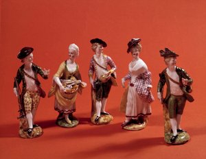 Små figurer, der repræsenterer karakterer (jæger, menagere, dame i det høje samfund...) Porcelænsstatuetter fra det 18. århundredes venetianske skole. Paris, dekorativ kunst af Venetian School