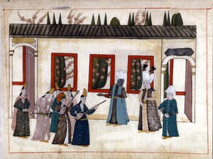 Sultanen besøger favoritten sammen med moderen og høvdingen for eunukkerne. Miniature fra "" Turkish Memorials"" (codex Cicogna 1971 "Memorie Turchesche") Akvarel fra det 17. århundredes venetianske skole. af Venetian School