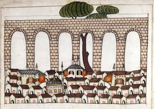Udsigt over Konstantinopel og dens akvædukt. Miniature fra "" Turkish Memorials"" (codex Cicogna 1971 "Memorie Turchesche") Akvarel fra det 17. århundredes venetianske skole. af Venetian School