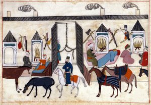 Udsigt over det indre af en campingvogn i Tyrkiet under Det Osmanniske Rige. Miniature fra "" Turkish Memorials"" (codex Cicogna 1971 "Memorie Turchesche") Akvarel fra det 17. århundredes venetianske skole. af Venetian School