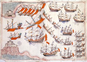 Krig mellem Venedig og Osmannerriget: Slaget ved Dardanellerne, hvor den venetianske kaptajn Lorenzo Marcello sejrede i 1655 (akvarel)