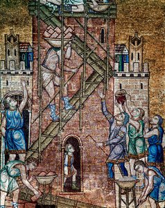 Byzantinsk arkitektur: "" konstruktionen af Babelstårnet""" På stedet lægger arbejdernes maconer, monteret på stilladser, tårnets sten. Mosaik lavet af venetianske kunstnere Basilica di San Marco fra det 13. århundrede (St. Markus basilika), Venedig