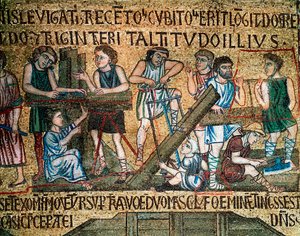 Byzantinsk arkitektur: "" opførelsen af Babelstårnet"" På stedet så arbejdere og tømrere brædder. Mosaik lavet af venetianske kunstnere fra det 13. århundrede Basilica di San Marco