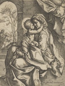 Jomfruen sad med Kristusbarnet på skødet og omfavnede hende, Joseph så..., ca. 1600-1613.