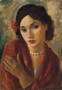 En elegant dame med en perlehalskæde (olie på lærred) af Vera Rockline