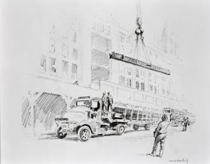 Stålbjælke bliver hejst op fra lastbilen for at blive brugt i konstruktionen af Empire State Building, udgivet af William Edwin Rudge af Vernon Howe Bailey