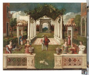 Klassinen arkkitehtoninen puutarha eleganteilla hahmoilla, vuoristoinen maisema takana, n. 1530 (öljy kankaalle) af Veronese School