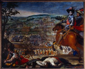 Trediveårskrig: 1618-1648. "Slaget ved Fleurus i 1622." Det modsætter sig de protestantiske tropper fra Christian de Brunswick og Ernst von Mansfeld mod den spanske hær ledet af Gonzalo Fernandez de Cordoba-repræsentant til højre. Maleri af Vicente Ca