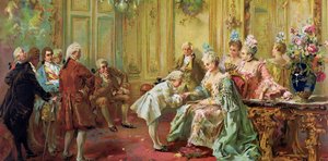 Wolfang Amadeus Mozart (1756-1791) hos Madame (Marquise) de Pompadour (Mozarts familie, under den europæiske turné) (1763-1766) - Akademisk kunst: Præsentationen af ​​den unge Mozart til Madame de Pompadour i Versailles i 1763 af Paredes, Vicente Gar af Vicente Garcia de Parades