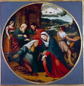 Besøg. Møde mellem Jomfru Maria og Sankt Elizabeth. Inderst inde, Sankt Josef og Zakarias. Maleri af Juan Vincente Macip (1490-1550) Ec. Esp. af Vicente Juan (c.1510 79) Macip