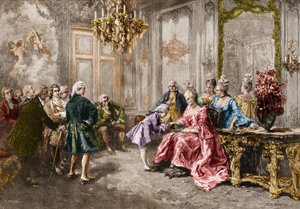 Wolfgang Amadeus Mozart (1756-1791) hos Madame (Marquise) de Pompadour (Mozarts familie under turnéen i Europa) (1763-1766). Gravering efter maleriet af M. V. de Paredes. af Vicente de (after) Paredes