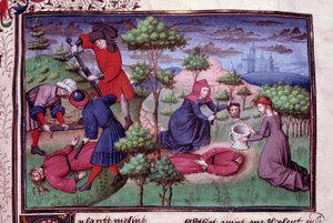 Mordscene på to mænd, hvis mordere skar hovedet af. Side af et manuskript på fransk af "Decameron"" af Giovanni Boccaccio dit Jean Boccace (1313-1375), italiensk forfatter, oplyst af Mesteren af Mansel. 1450. Paris, Arsenals bibliotek af Vicente de Paredes