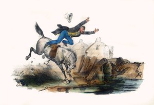 En rytter falder efter suset fra sin hest. I "" Album Grotesque, Choices of Outstanding Types", illustrationer af Victor Adam, Paris, omkring 1850. af Victor Adam