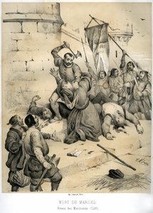 Mordet på Etienne Marcel, rig drapier og Prevot des merchants (1316-1358), begået af echevinen Jean Maillart, en af lederne af det royalistiske parti, i juli 1358. Gravering af Victor Adam (1801-1866) i bogen "France in the Middle Ages" udgivet af af Victor Adam