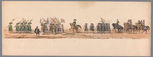 Historisk procession ved det andet hundrede år for Utrecht University of Applied Sciences, 1836 (plade 9) De hollandske hæres anløb til Oostende, 3. juli 1600, dagen efter sejren ved Nieuwpoort; ifølge den udklædte fremstilling givet af H H Student af Victor Adam