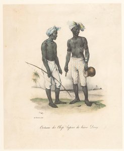 Beklædning af lederne af Havre-Dorey i Papua Ny Guinea Costume des chefs papous du hâvre Dorey (titel på objekt) Voyage of Discovery of the Astrolabe (serietitel) Voyage de découvertes de l