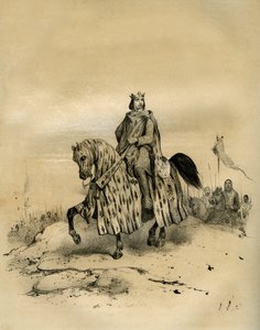 Filip 6. af Valois (1293-1350), konge af Frankrig fra 1328 til 1350, den første konge af Valois-dynastiet, red i spidsen for sine tropper, da han tog magten i 1328, på trods af Edward 3. af Englands krav. Dette skænderi åbnede 100-årskrigen. Philippe af Victor Adam