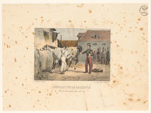 Rekruut sørger for en paard Værnepligtig tålmodighed og marv i knoglerne (titel på objekt) Militære scener (serietitel) Militære scener (serietitel) af Victor Adam
