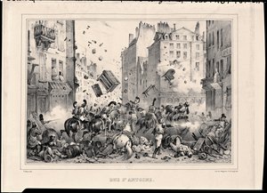 Rue Saint-Antoine i juli 1830, graveret af H. Delaporte af Victor Adam
