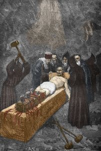 Sagen om besiddelserne af Loudun (dæmoner de Loudun) omkring 1630: heksejagt, den franske præst Urbain Grandier (1590-1634), der angiveligt lavede en pagt med djævelen og anklager for at have forhekset af nonner, er tortur til broderi - (Urbain) Grandier, 