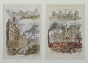 Udsigt over Tuileries-paladset og Hotel de Ville før og efter brandene i 1871 af Victor Coindre